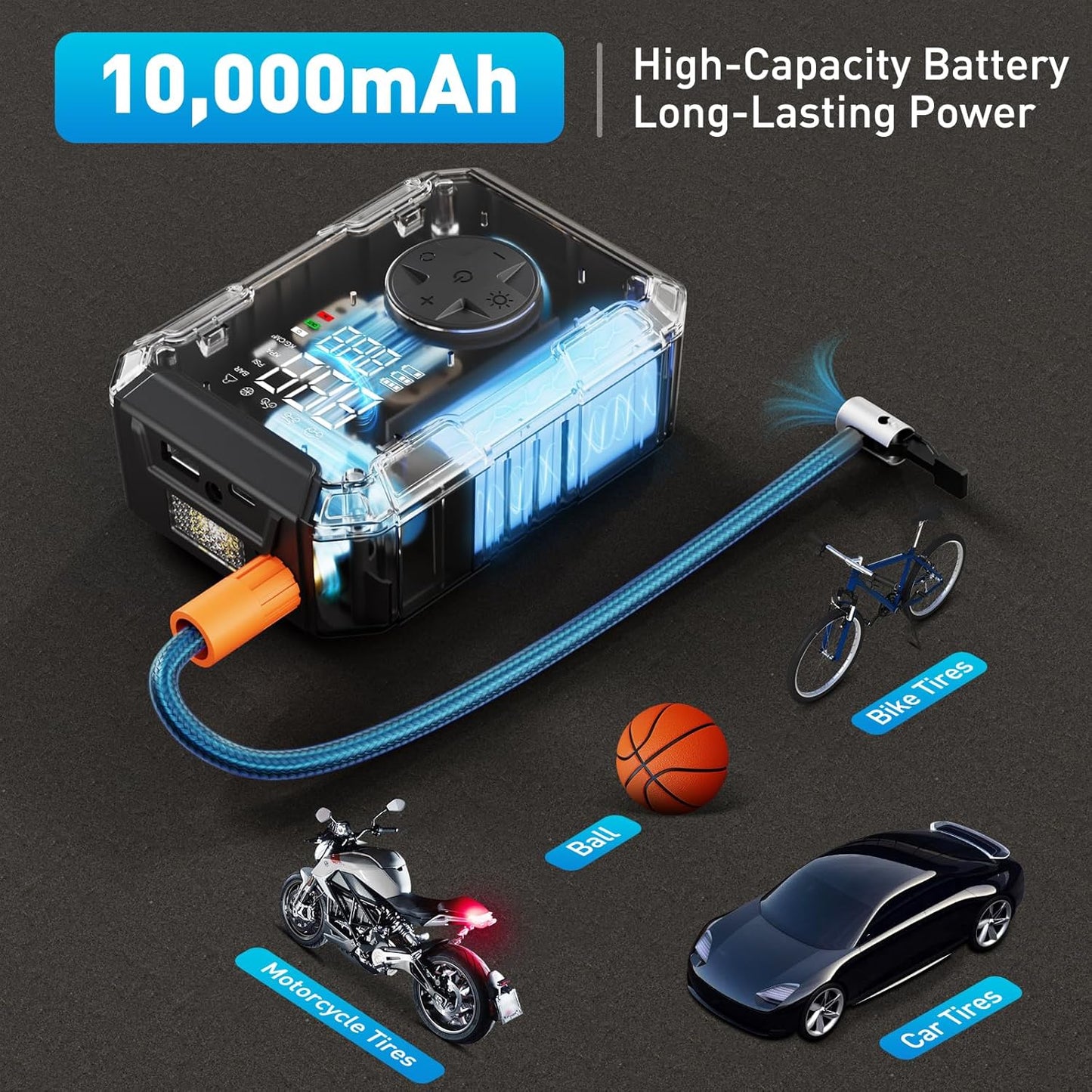 Tire Inflator Portable Air Compressor – Wireless & 12V Dual Power, Auto Shut-Off, Digital Display, Fast Inflation & LED Light, for Car, Bike, Sports & Travel