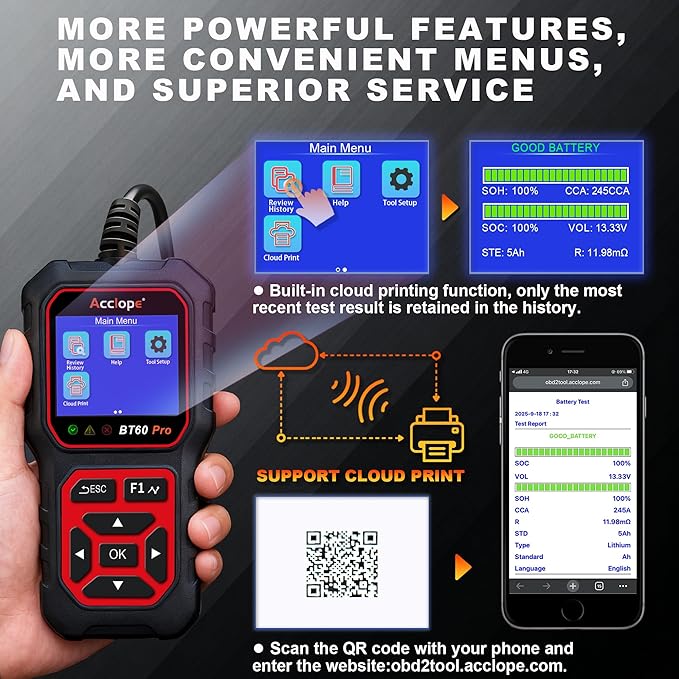 BT60 Pro Car Battery Tester with Cloud Printing,100-3000 CCA, Digital Analyzer for 6V/12V/24V Batteries, AGM Lithium Gel Battery Checker, Automotive Alternator System