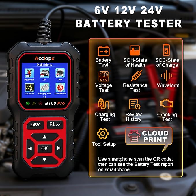 BT60 Pro Car Battery Tester with Cloud Printing,100-3000 CCA, Digital Analyzer for 6V/12V/24V Batteries, AGM Lithium Gel Battery Checker, Automotive Alternator System