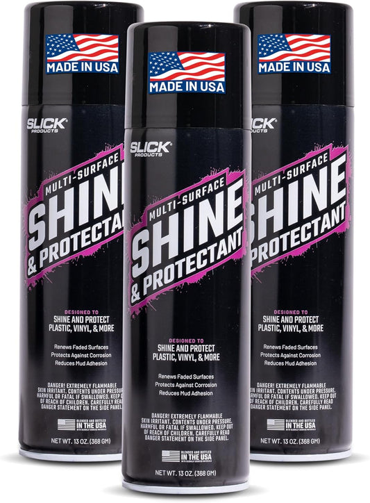 Slick Products Shine & Protectant, Long-Lasting High-Gloss Clear Coat Spray, Renew, Shine, and Protect Plastic, Vinyl, Rubber, Trim, and More (3-Pack)