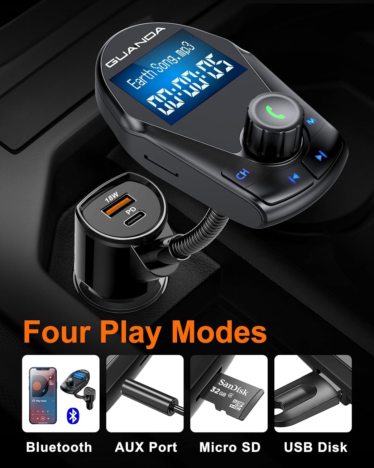 Bluetooth Transmitter Car Bluetooth Adapter, FM Transmitter Wireless Radio Adapter Kit 1.44" Display, MP3 Music Player, PD 30W Dual USB Port Charger Compatible for All Smartphones, Samsung Galaxy, LG