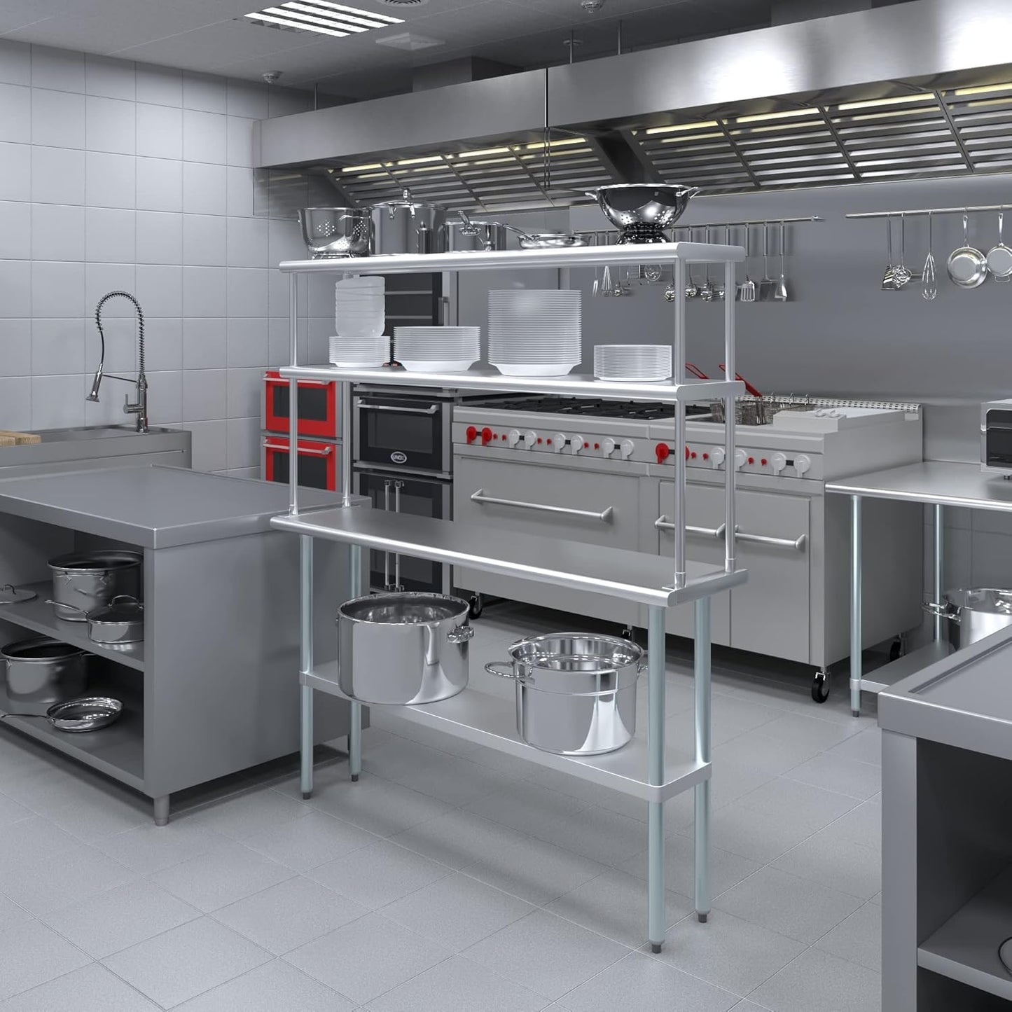 Amgood Stainless Steel Work Table Wide Double Tier Overshelf | NSF | Metal Kitchen Prep Table & Shelving Combo (14" x 60" Work Table + 12" Overshelf)