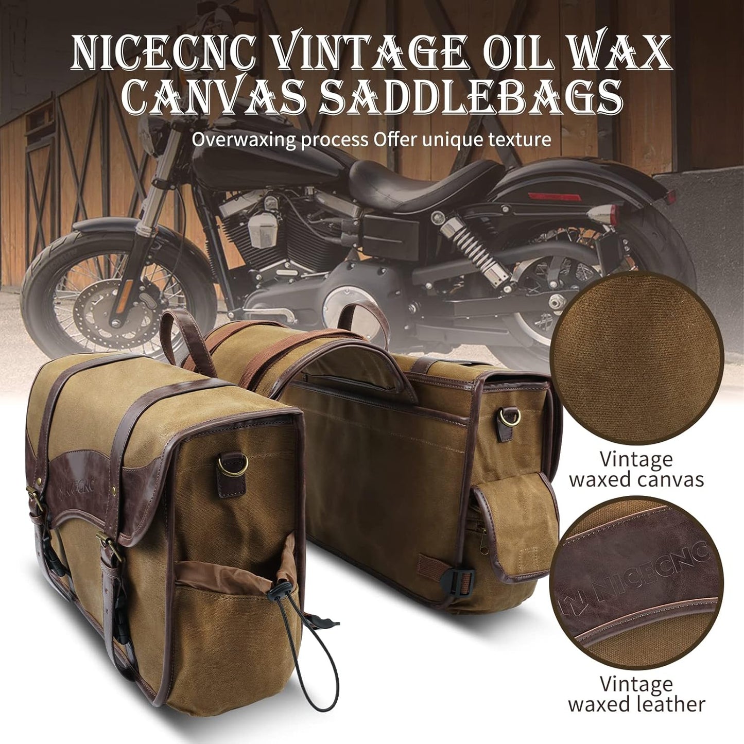 NICECNC Motorcycle Saddle Bags, Vintage Oil Waxed Canvas Motorcycle Saddlebags, Motorcycle Panniers Side Throw Over Saddle Bags Compatible with Harley Honda Suzuki Yamaha Adventure Street Glide Brown