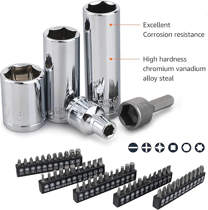 Amazon Basics Mechanic's Socket Tool Set With Case, SAE and Metric Sizes, 201-Piece