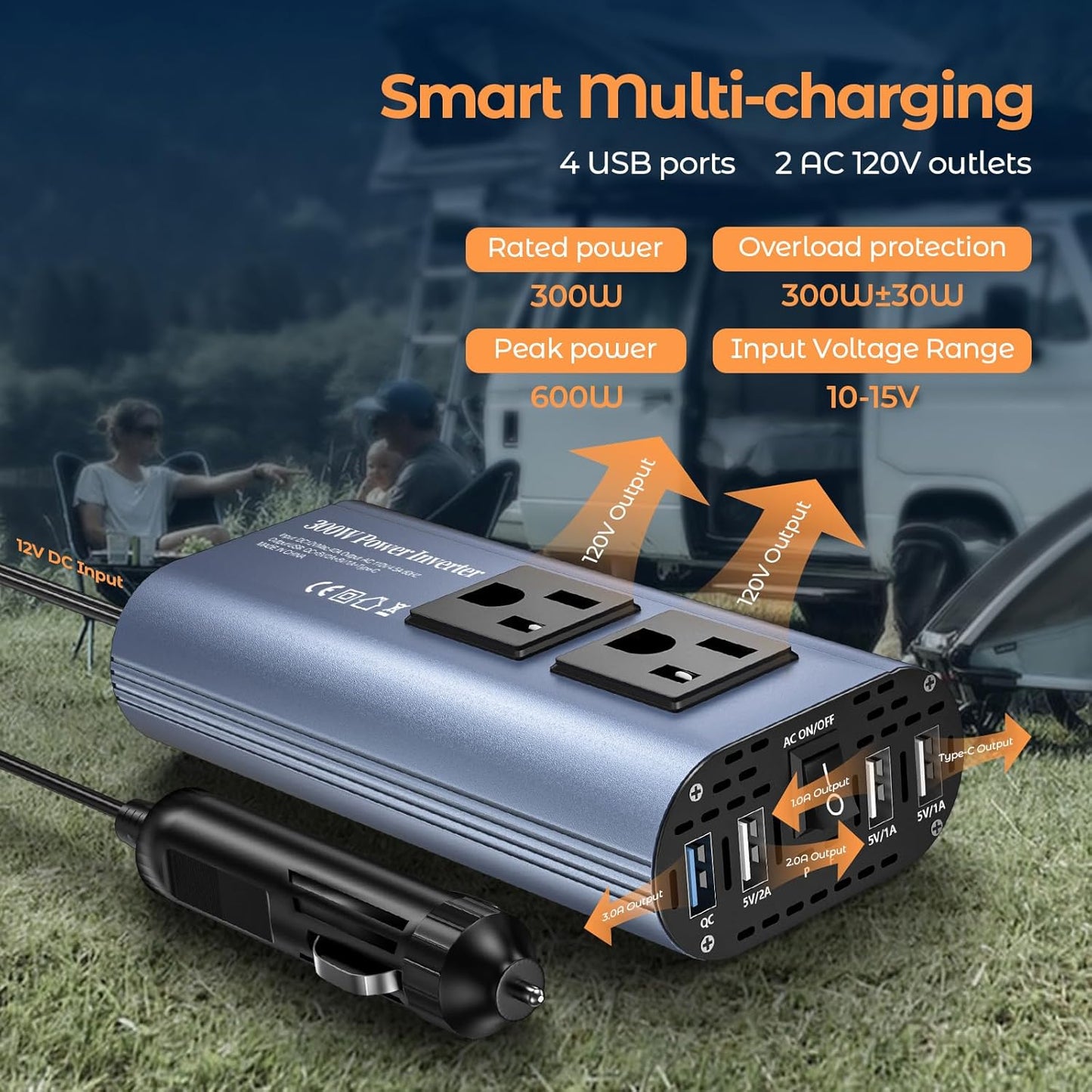 300W Car Power Inverter, DC 12V to 110V AC Car Plug Adapter Outlet with USB-Fast Charger(25W)、 USB-A（20W） and Dual AC Outlet, QC3.0, 4 USB Ports, Car Charger for Laptop、Phone, etc