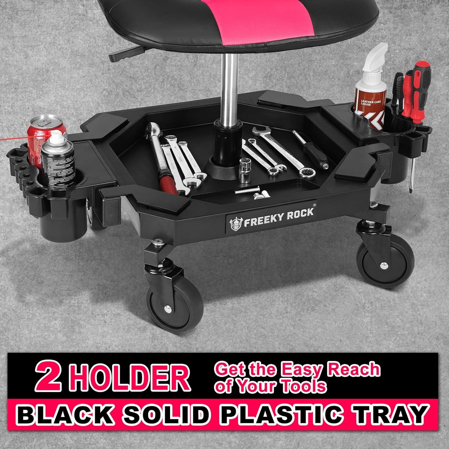 Rolling Stool with Wheels, Adjustable Height Pneumatic Garage Work Mechanic Stool Seat with Backrest, 400 LBS Capacity 360° Swivel Mechanic Crepper Chair with Tool Tray Storage, Pink