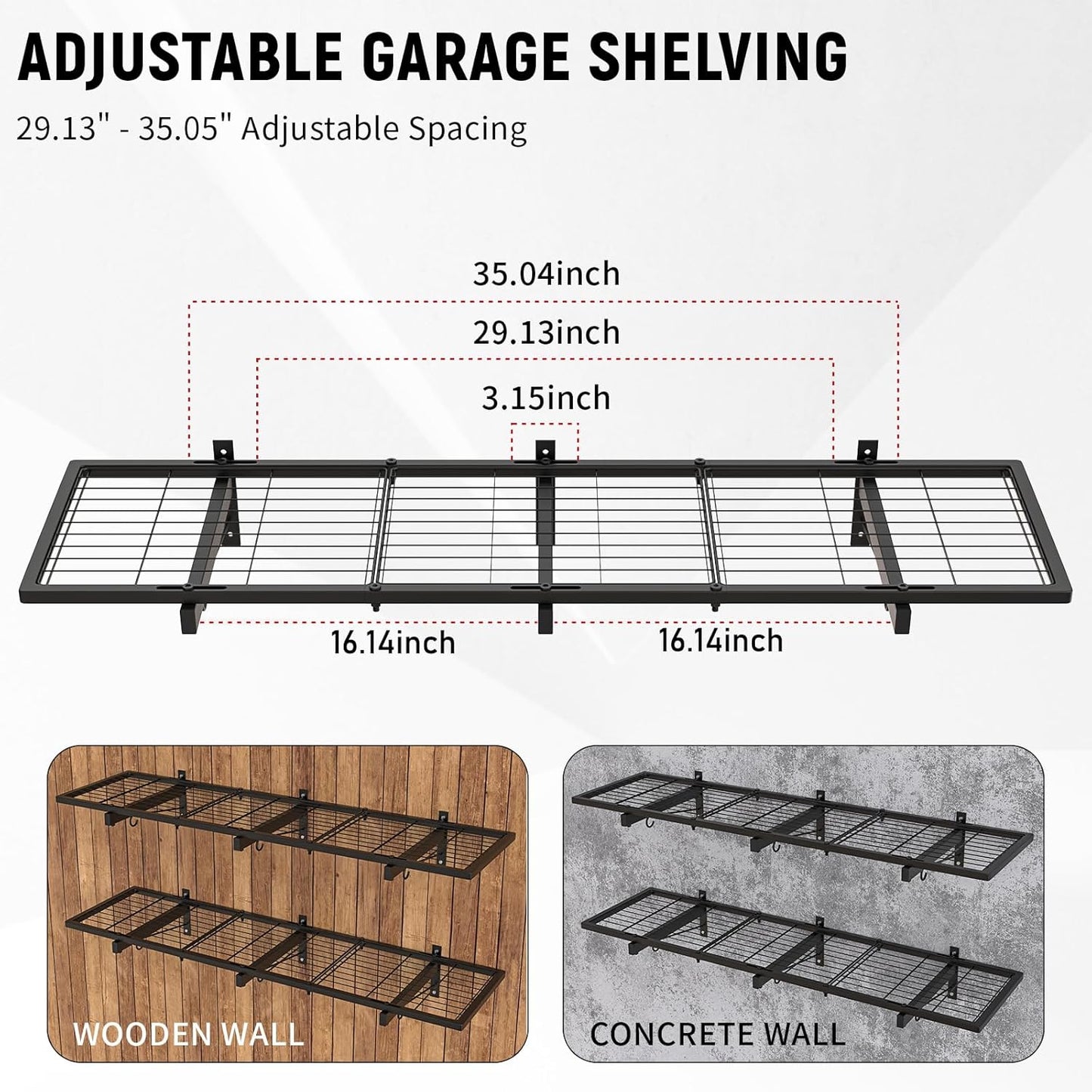 2 Pack Garage Wall Shelves, 46"X 12.5" Garage Shelving Wall Mounted, Heavy Duty Wall Shelf Organizer with 8 Hooks, Black Floating Storage Metal Rack 320 LBS Capacity for Laundry Room, Office, Basement