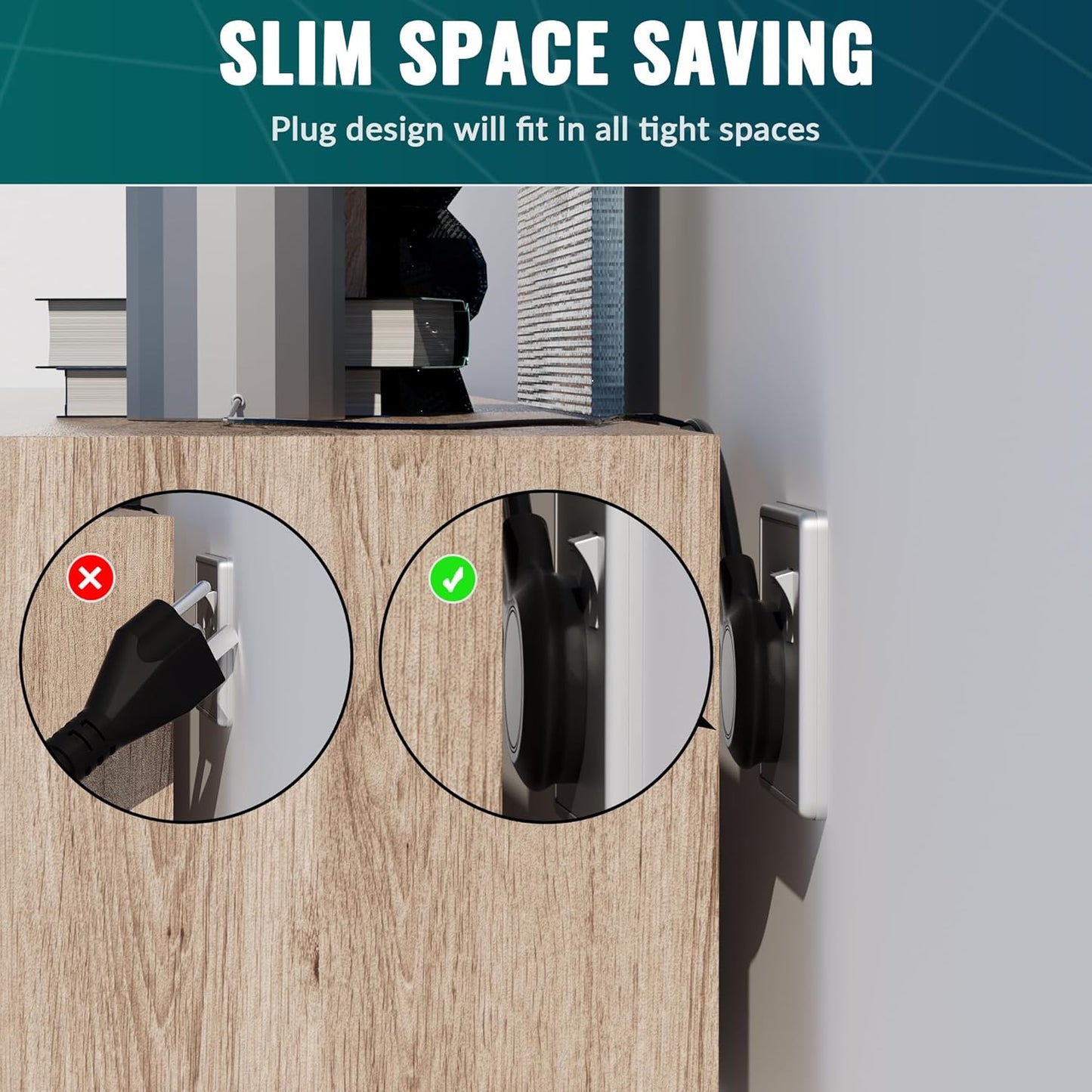 Elecan Flat Plug Extension Cord 20 Ft with Slim Space-Saving Plug Design, Thin Flat Cable Low Profile Power Cord 3 Prong Grounded Wire, 16 Gauge 13 A/125 V-Black-ETL Certified