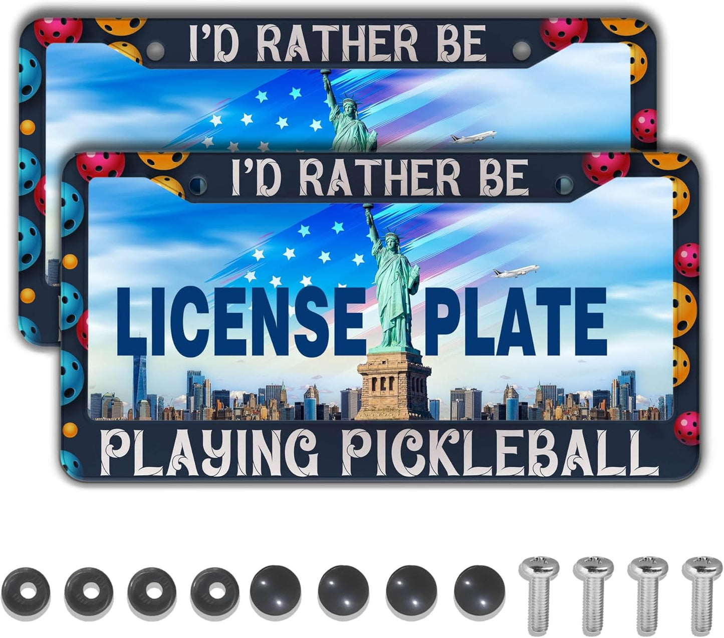 Front License Plate Bracket Multicolor License Plate Frames I'd Rather Be Playing Pickleball Universal Aluminum Car Accessory 2 Pack with Screw Covers Set