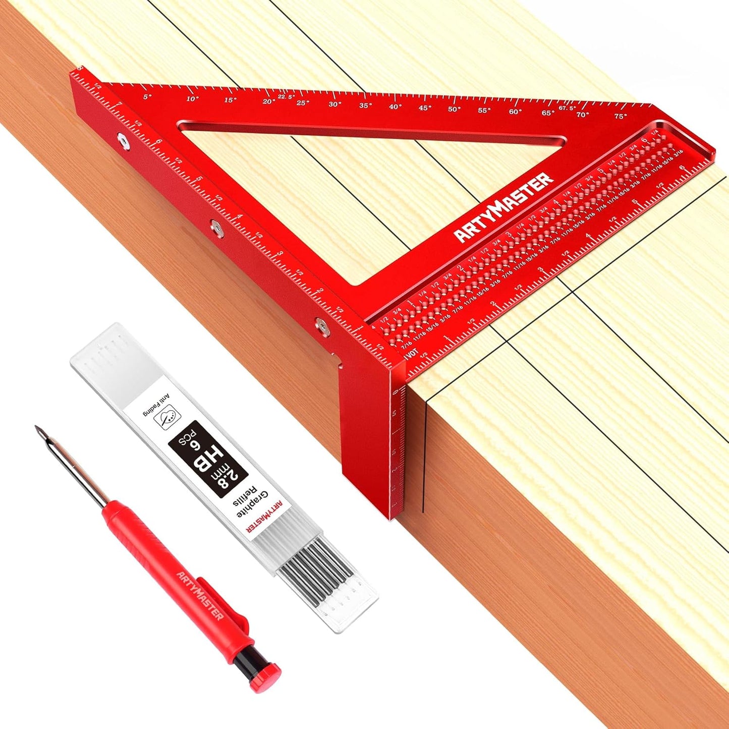 8 inch 3D Multi-Angle Measuring Square Ruler, WT103B High Precision Hole Scribing Woodworking Tools, 0-90° Aluminum Alloy Carpenter Square Wood Working Tools, Carpenter Pencils 6 Refills.
