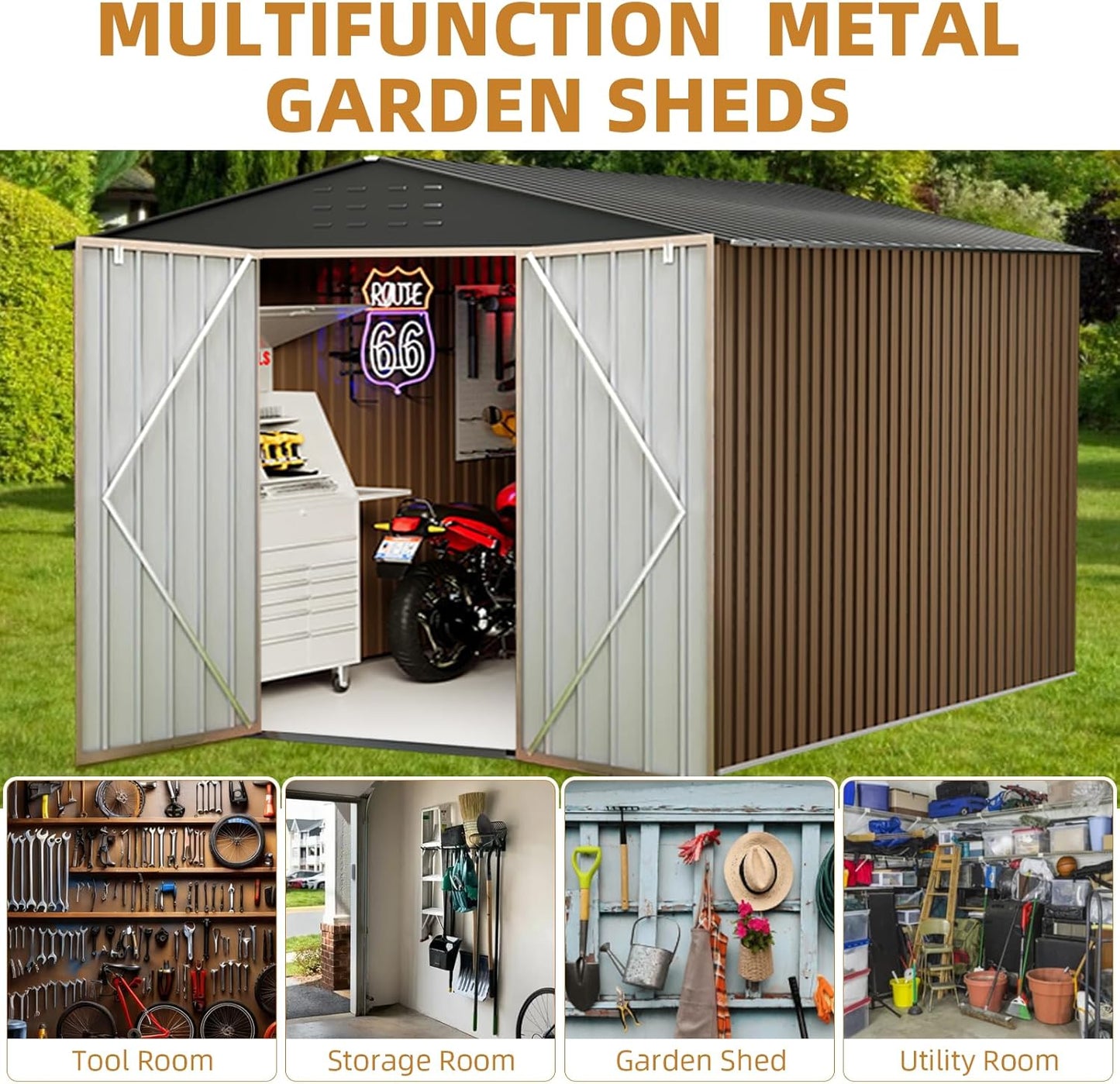 10x10FT Outdoor Metal Storage Shed, Lockable Weatherproof Garden Shed for Tools & Equipment, Durable Galvanized Steel with Sloping Roof & Ventilation, Ideal for Backyard, Patio & Garage Storage, Brown