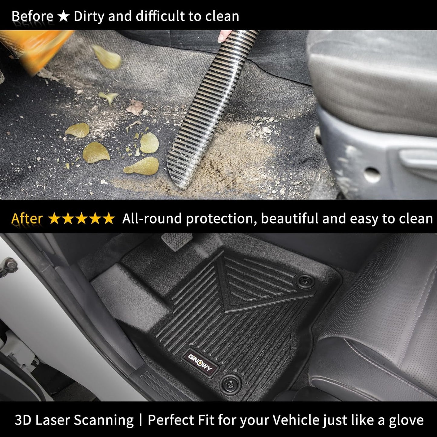 GINOWY-Floor Mats for Honda Ridgeline 2017-2023 2024 2025, TPE All Weather Protection Car Mats Custom Fit Ridgeline 2024 Floor Liners Anti-Slip Waterproof Automotive Accessories Black