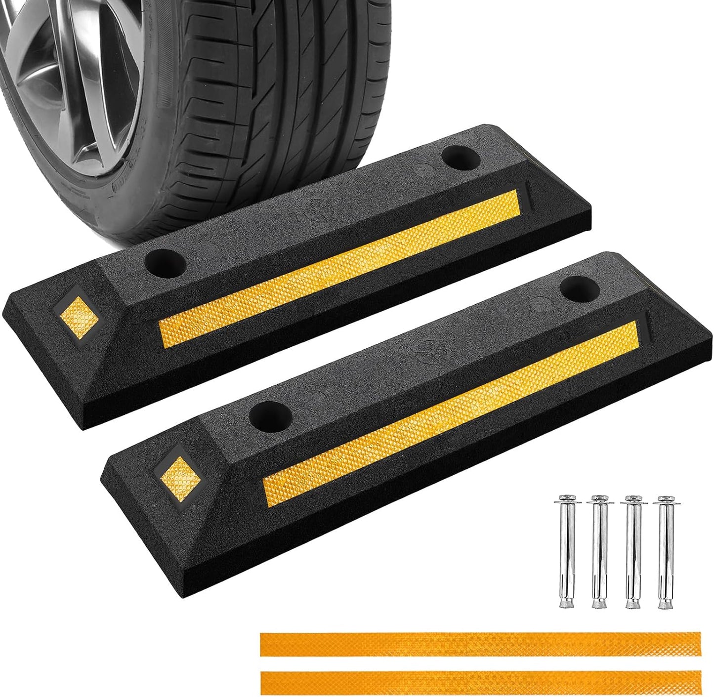 2 Pack Rubber Parking Guide Blocks | Heavy Duty Black Parking Blocks Parking Target Guide with Yellow Reflective Stripes, Wheel Stop Stoppers for Car, Truck, RV, Trailer, and Garage (2 Pack)