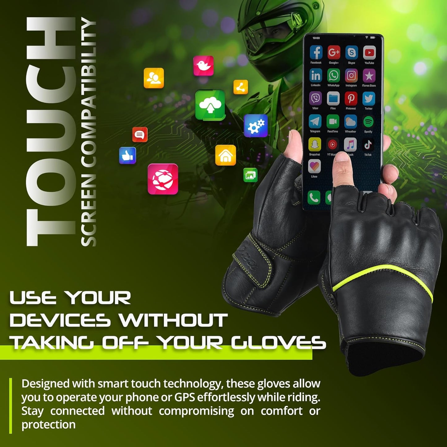 aasportx Motorcycle Gloves - Men's Leather Motorbike Gloves with Touchscreen Function - Non-Slip Pads for Men & Women