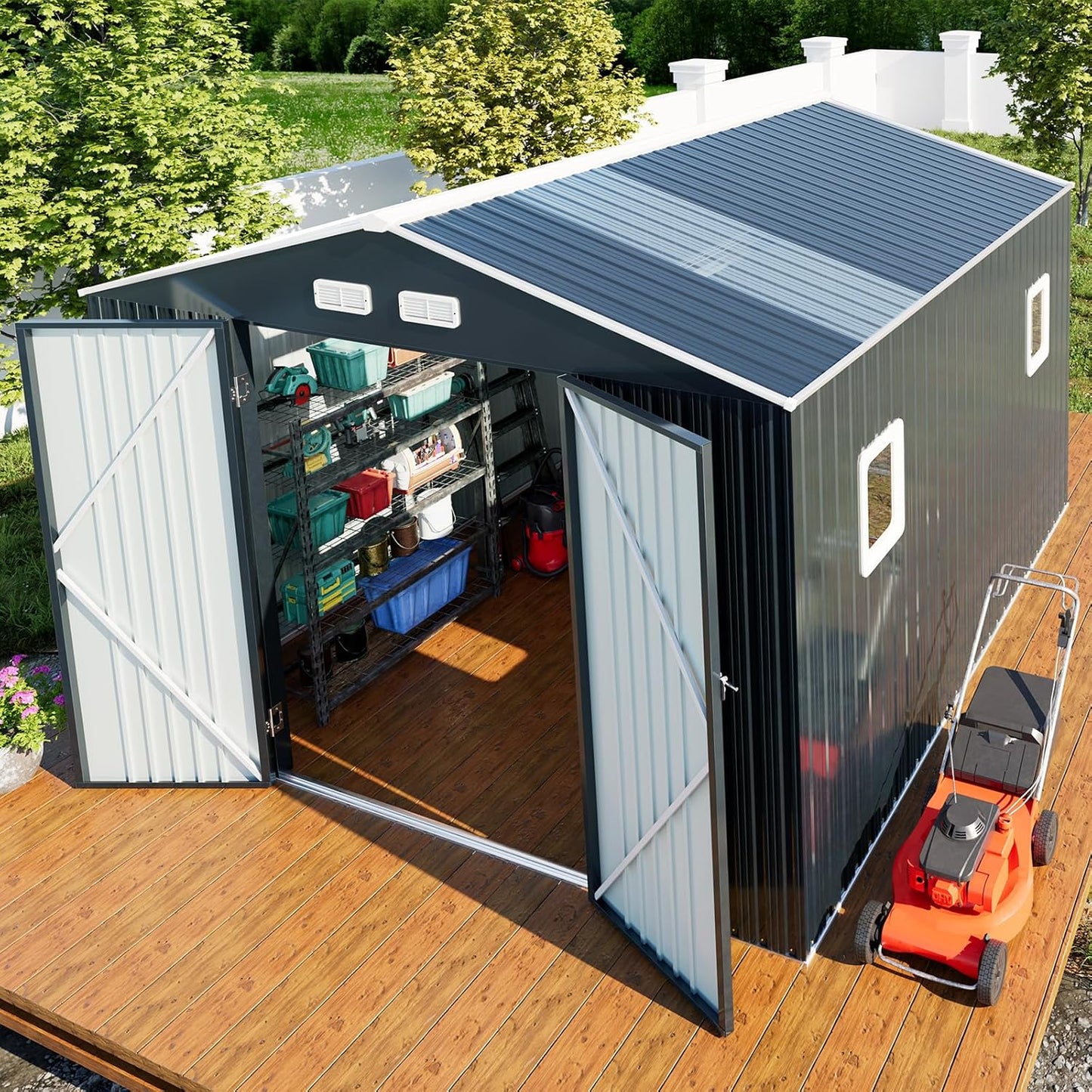 Metal Shed 10x10x7 FT, Enhance Your Space with Natural Lighting, Outdoor Storage Steel Sheds with Windows, Translucent Roofs, and Lockable Doors, Ideal for Garden & Patio