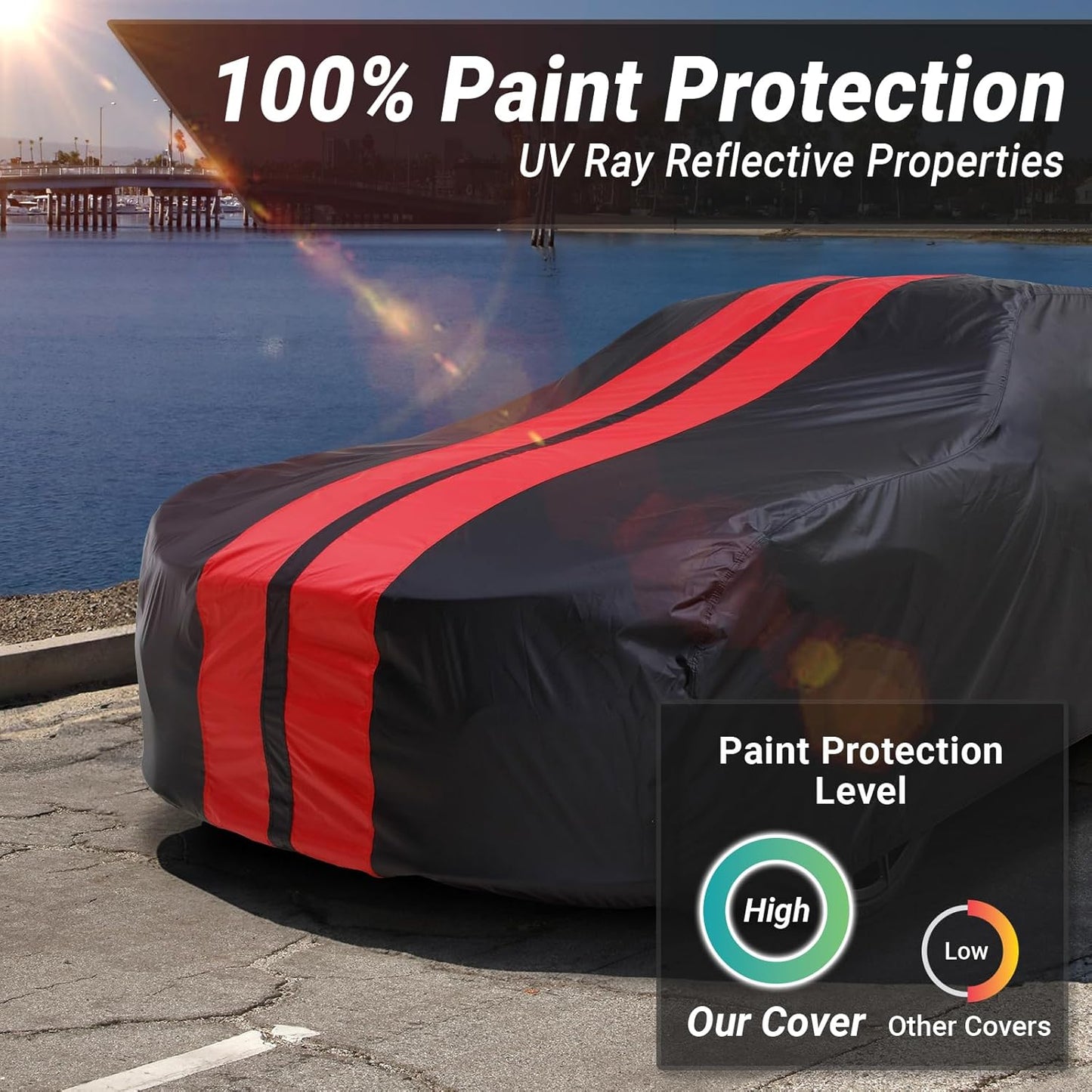 iCarCover Custom Car Cover for 1983-1996 Chevy Corvette C4 Waterproof All Weather Rain Snow UV Sun Protector Full Exterior Indoor Outdoor Car Cover (Stripe - Black/Red)