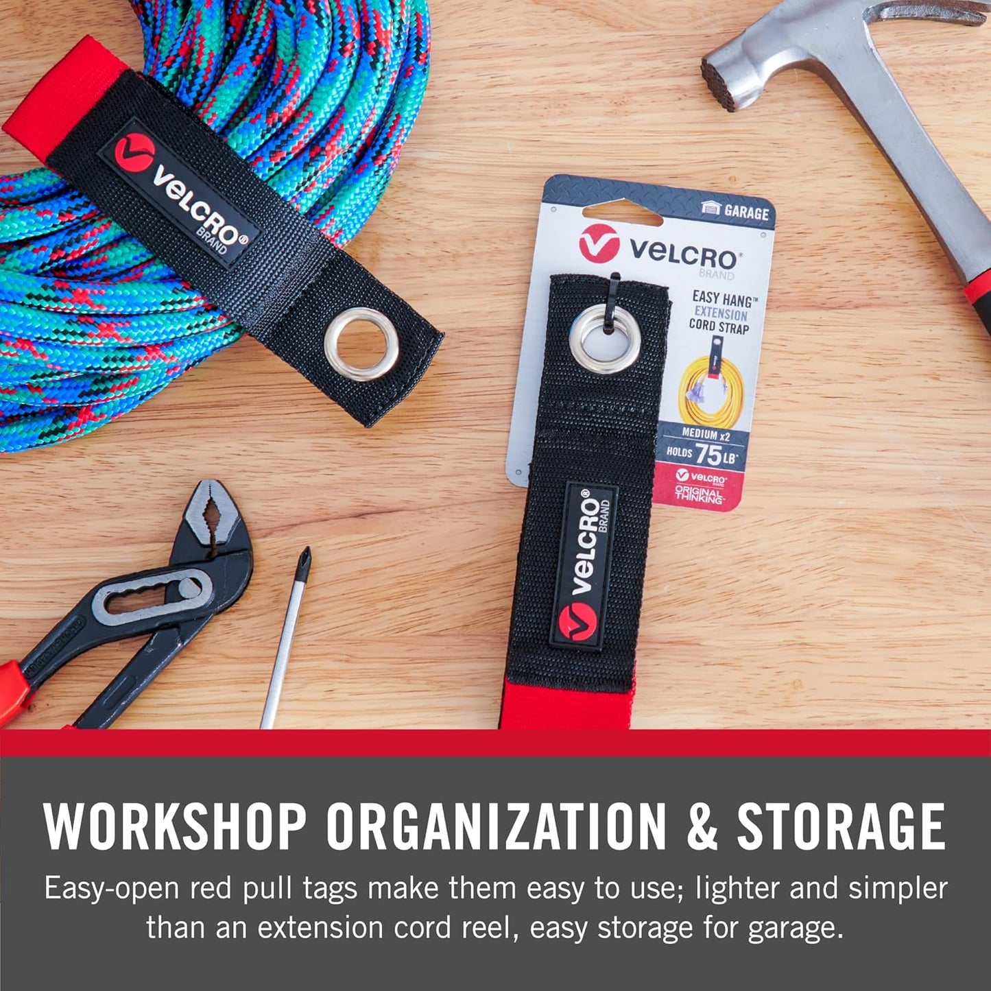 VELCRO Brand Heavy Duty Extension Cord Holder Organizer | Holds 75 Pounds, Storage Straps Hang Easily on Hooks or Nails | Perfect for Garage Organization | 2pk, Size Med 14in, Black