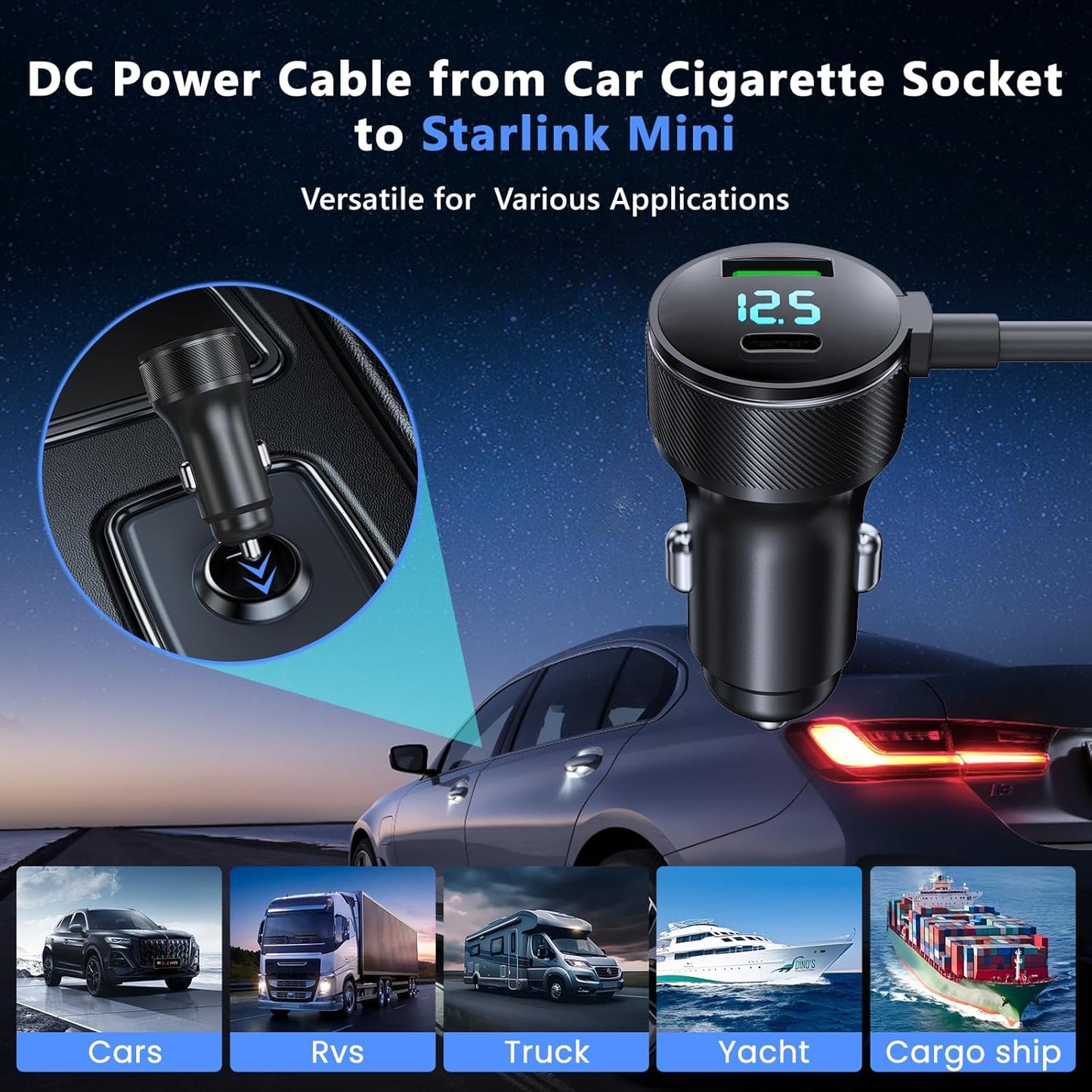 3-in-1 Starlink Mini Cable, Car Charger with Digital Display | 40W USB-C PD & 35W USB-A Ports | All-Weather Shielded Cable for RV, Truck, Boat (12V-48V) (9.8ft)