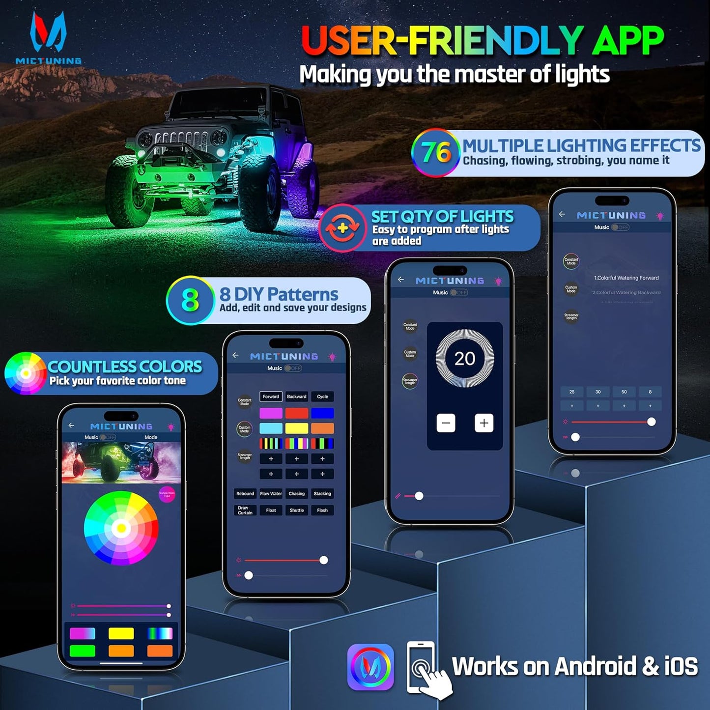 MICTUNING C2 MAX RGB+IC Chasing Color Rock Lights - 10 Pods Underglow Lighting Kit, Dynamic Lighting Modes, Extensible Up to 24 Pods with Stable APP Control, IP68 Waterproof, DIY Effect