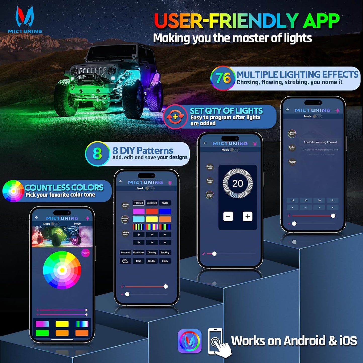 MICTUNING C2 Max RGB+IC Chasing Color LED Rock Lights - 12 Pods Underglow Lighting Kit, Dynamic Lighting Modes, Extensible Up to 24 Pods with Stable APP Control, IP68 Waterproof, DIY Effect