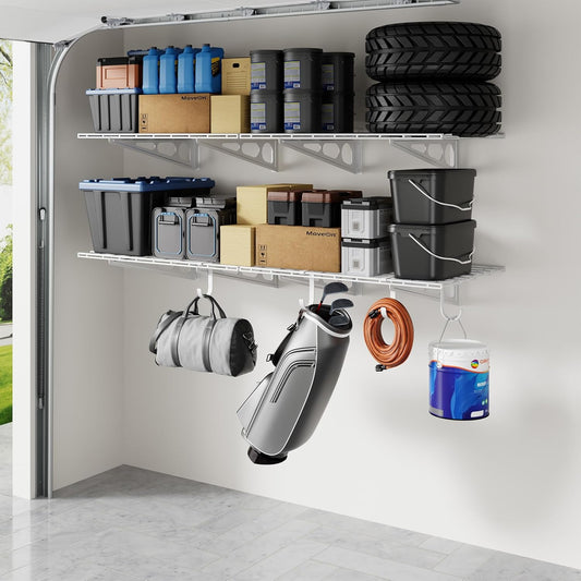 FLEXIMOUNTS 2-Pack 2x6ft Garage Shelving with Hooks, 24-inch-by-72-inch Wall Shelf Garage Storage Racks Floating Shelves, White