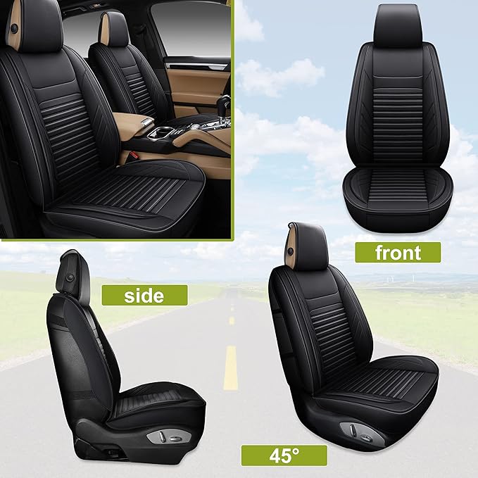 AOOG Leather Car Seat Covers, Leatherette Automotive Seat Covers for Cars SUV Pick-up Truck, Non-Slip Vehicle Car Seat Covers Universal Fit Set for Auto Interior Accessories, Full Set, Black.