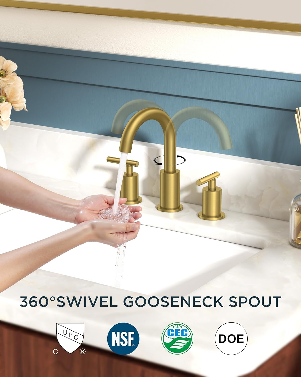 FORIOUS 8 Inch Widespread Brushed Gold Bathroom Faucet 3 Hole, 2 Handle Gold Sink Faucet Bathroom Vanity with 360 Degree Swivel Spout, with Metal Pop Up Drain and cUPC Supply Line, for 6 to 12 In Sink