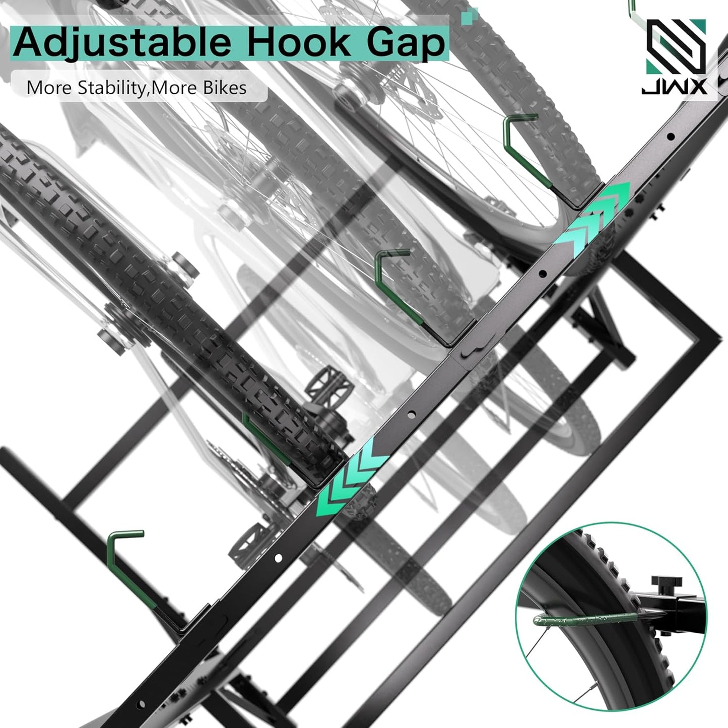 JWX Freestanding 5 Bike Rack, Heavy Duty Floor Bike Stand with Triangle Support Panels, Adjustable Rubber-Coated Hooks, Gear Accessory Holders, Easy Assembly