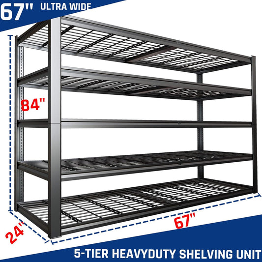 67" Wide 5-Tier Garage Shelving Unit, 67" W x 24" D x 84" H, Heavy Duty Garage Storage Shelves,3500 LBS Capacity, Industrial Adjustable Shelves for Basement, 2 Pack