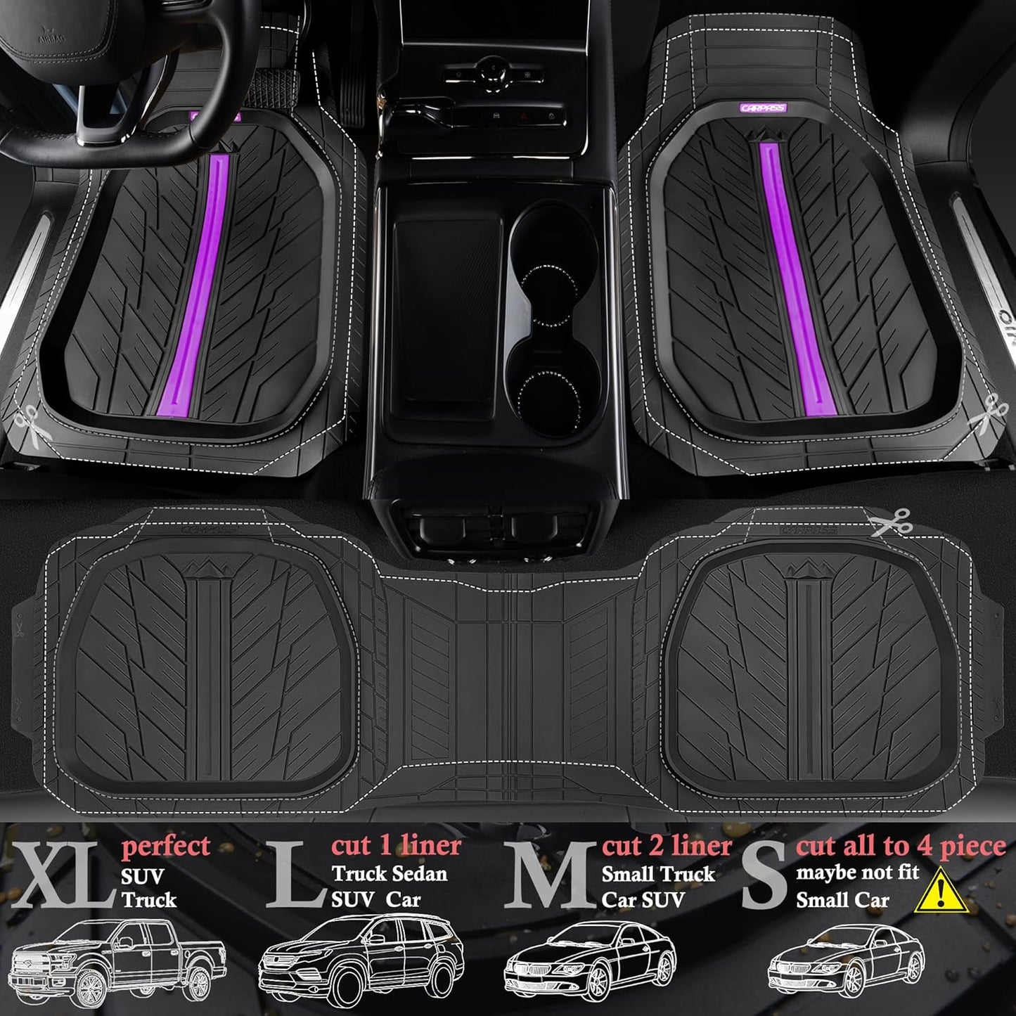 CAR PASS Tire Tread DeepDish Rubber Floor Mats for car Heavy Duty car mats All Weather, Universal XL~M Trim to Fit for Truck SUV Vehicle Automotive, Waterproof car mats 3 Piece (Purple Black)