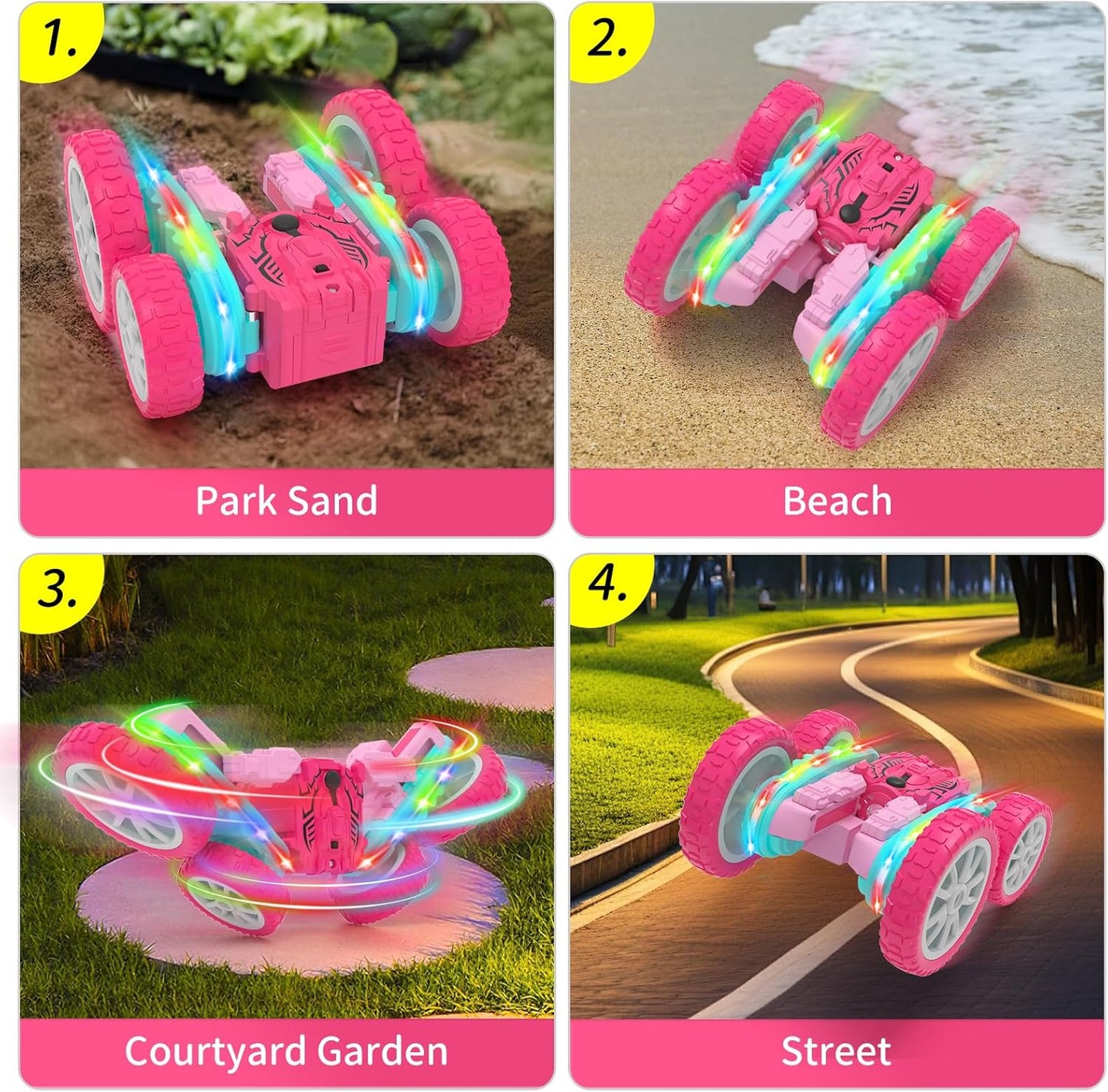 Remote Control Car for Girls, RC Cars 2.4GHz Fast RC Stunt with Strip Light, RC Trucks with Spray 4WD 360° Rotating, Off Road RC Cars Xmas Birthday Gift for Girls (Pink)