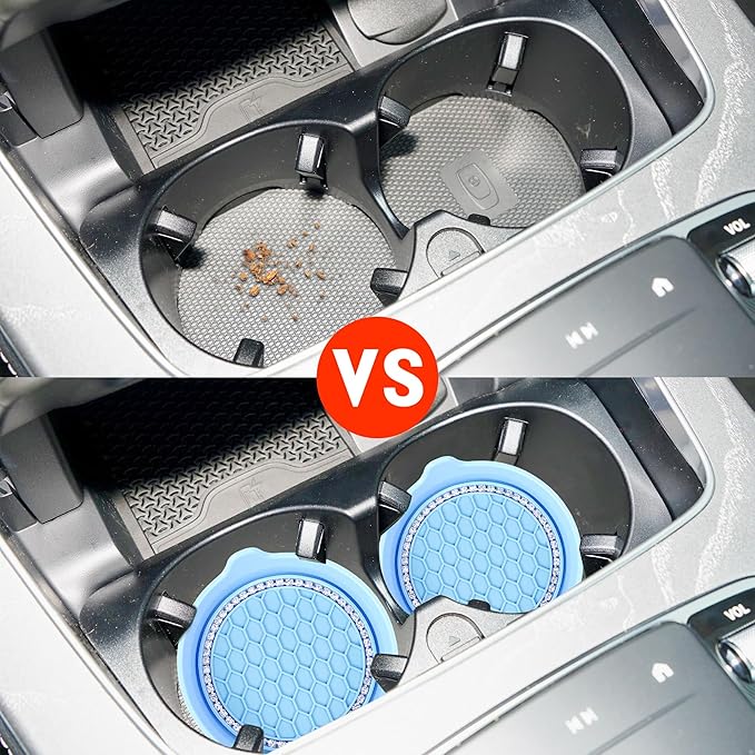Amooca Car Cup Coaster Universal Non-Slip Cup Holders Bling Crystal Rhinestone Car Interior Accessories 2 Pack Light Blue