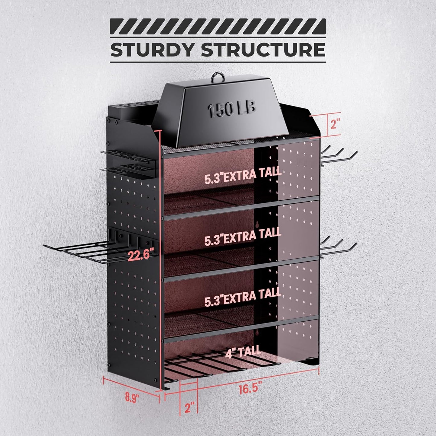 TRZZ Power Tool Organizer Wall Mount, 5-Layer Charging Station with 8 Outlets, 6 Drill Holders, 2 Side Pegboards, and Drill Bit Rack for Garage, Workbench, and Workshop (Black)