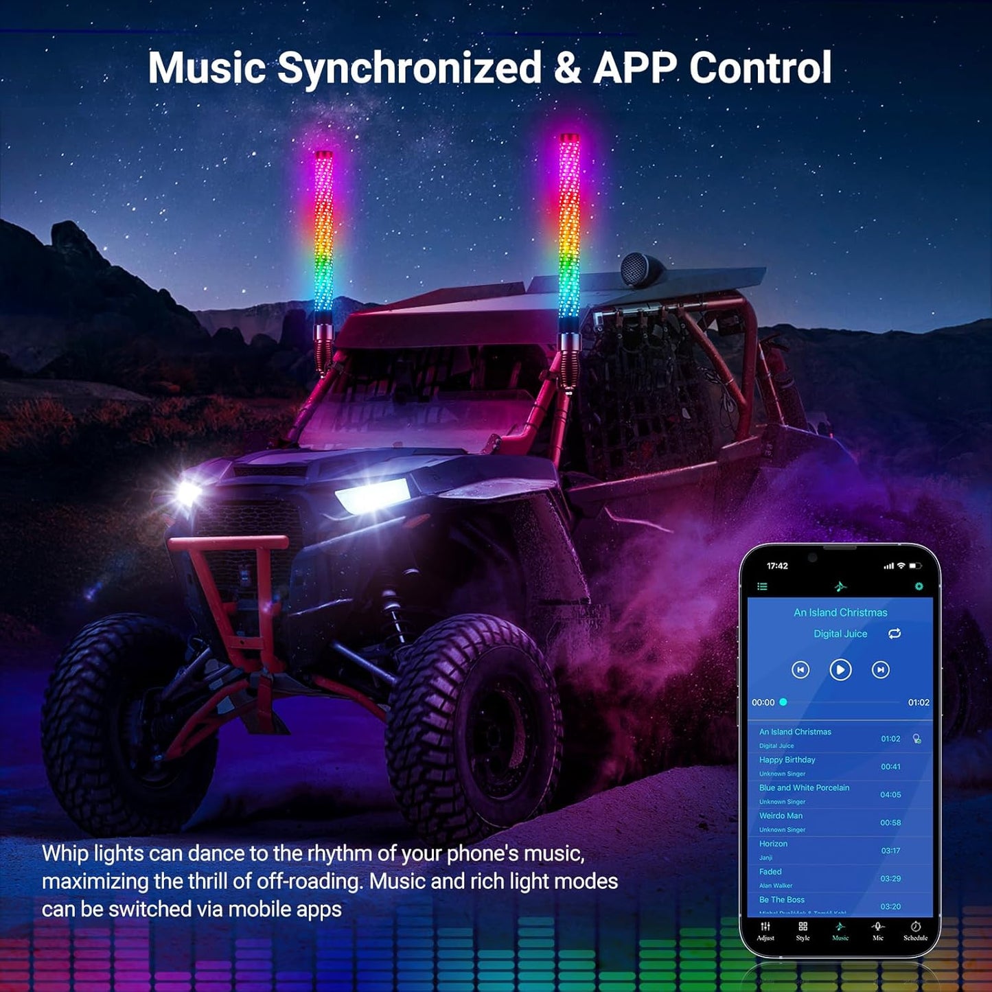 2PCS 2FT Fat Whip Lights for UTV ATV with Spring Base, Led Fatty Whip Light W/Rocker Switch & 6 Flags, Brighter Spiral Chasing Lighted Antenna Whip with APP & Remote Control for RZR SXS Can-Am