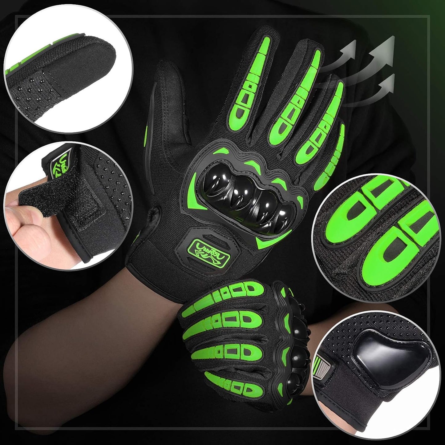 COFIT Motorcycle Gloves Breathable, Touchscreen Motorbike Gloves Anti-Slip with Good Grip Hard Knuckles Protection for Men Women Motocross, BMX ATV MTB Cycling, Road Racing - Green XL