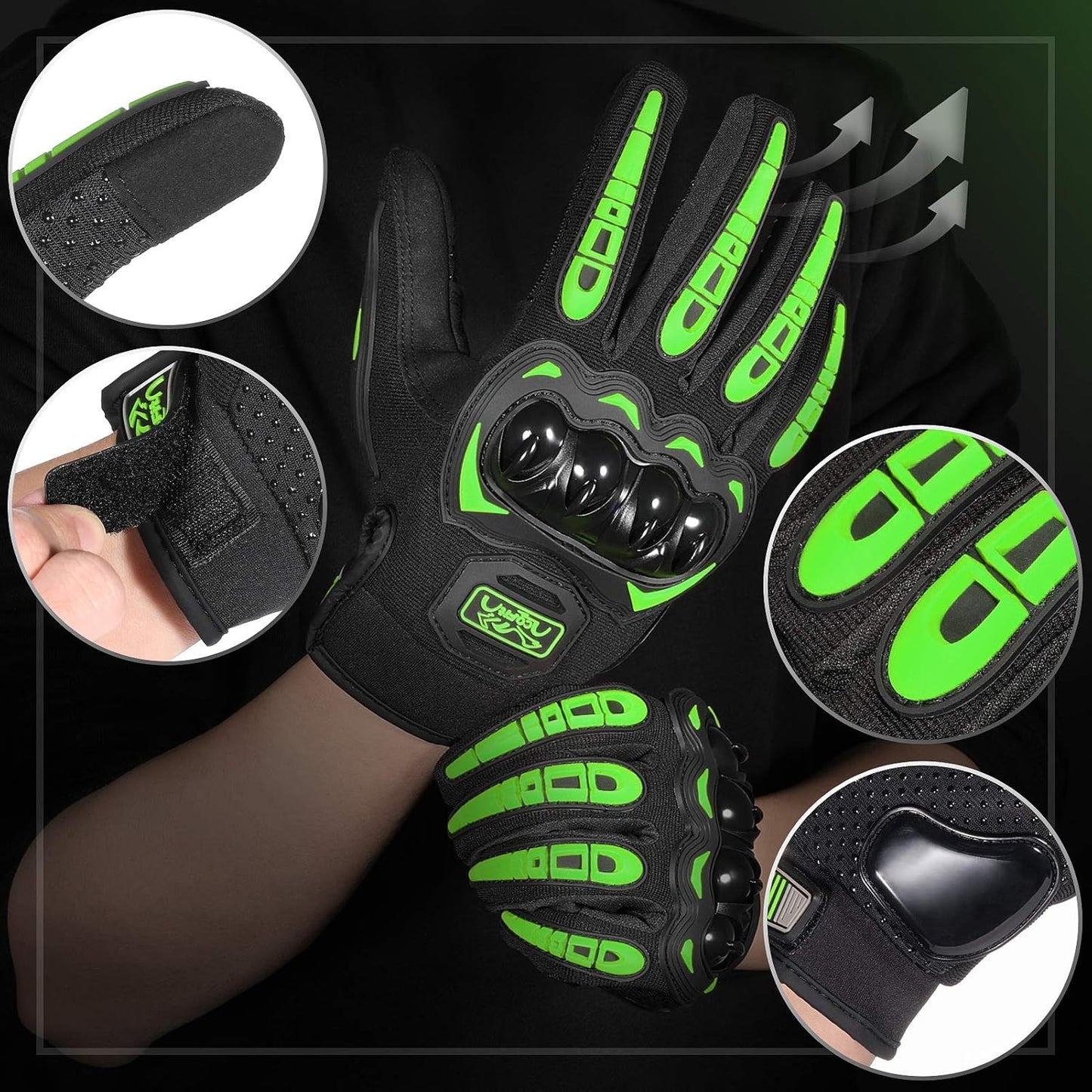 COFIT Motorcycle Gloves Breathable, Touchscreen Motorbike Gloves Anti-Slip with Good Grip Hard Knuckles Protection for Men Women Motocross, BMX ATV MTB Cycling, Road Racing - Green XXL