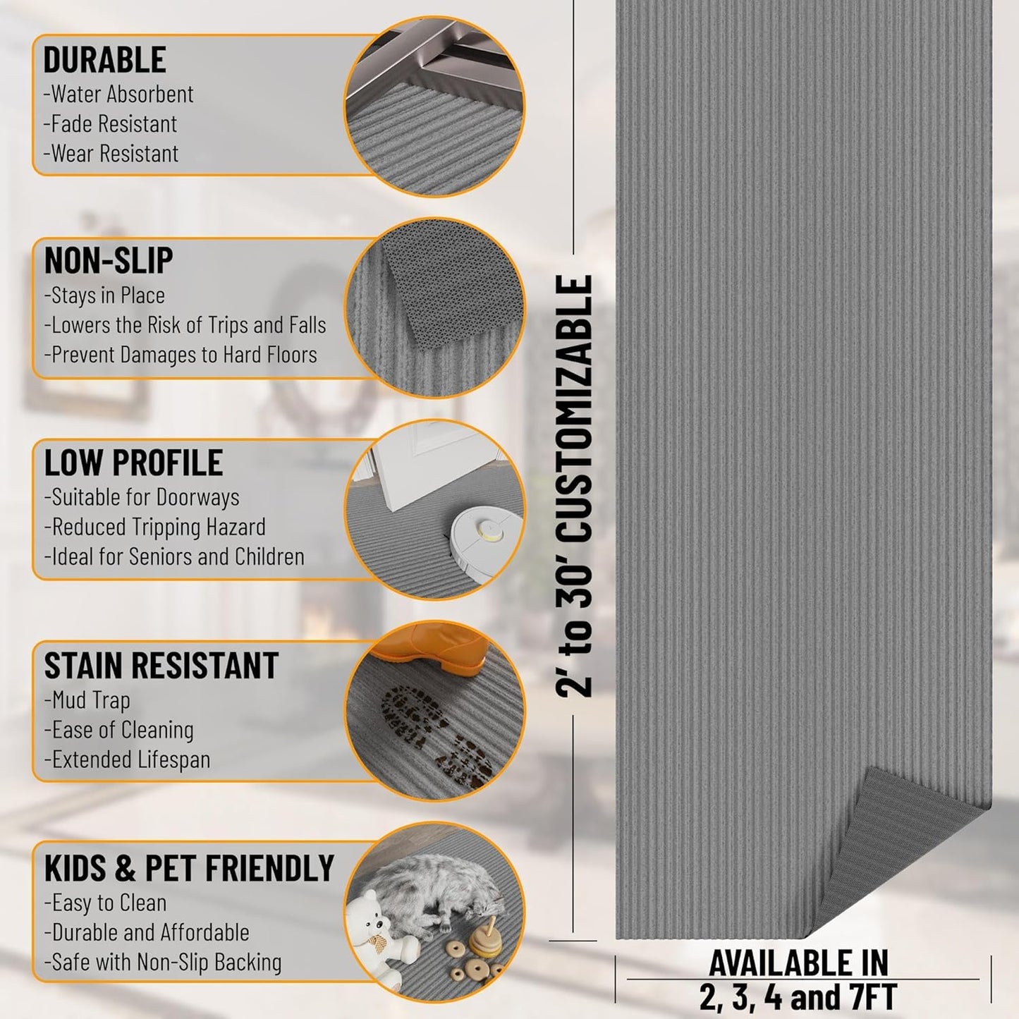 Ottomanson 6'6" x 9' Mud Mat Area Rug Scraper Carpet - Non-Slip, Dirt Trapping for Indoor & Outdoor Use - Ideal for Entryway, Garage, Kitchen, Patio & High-Traffic Areas, Gray