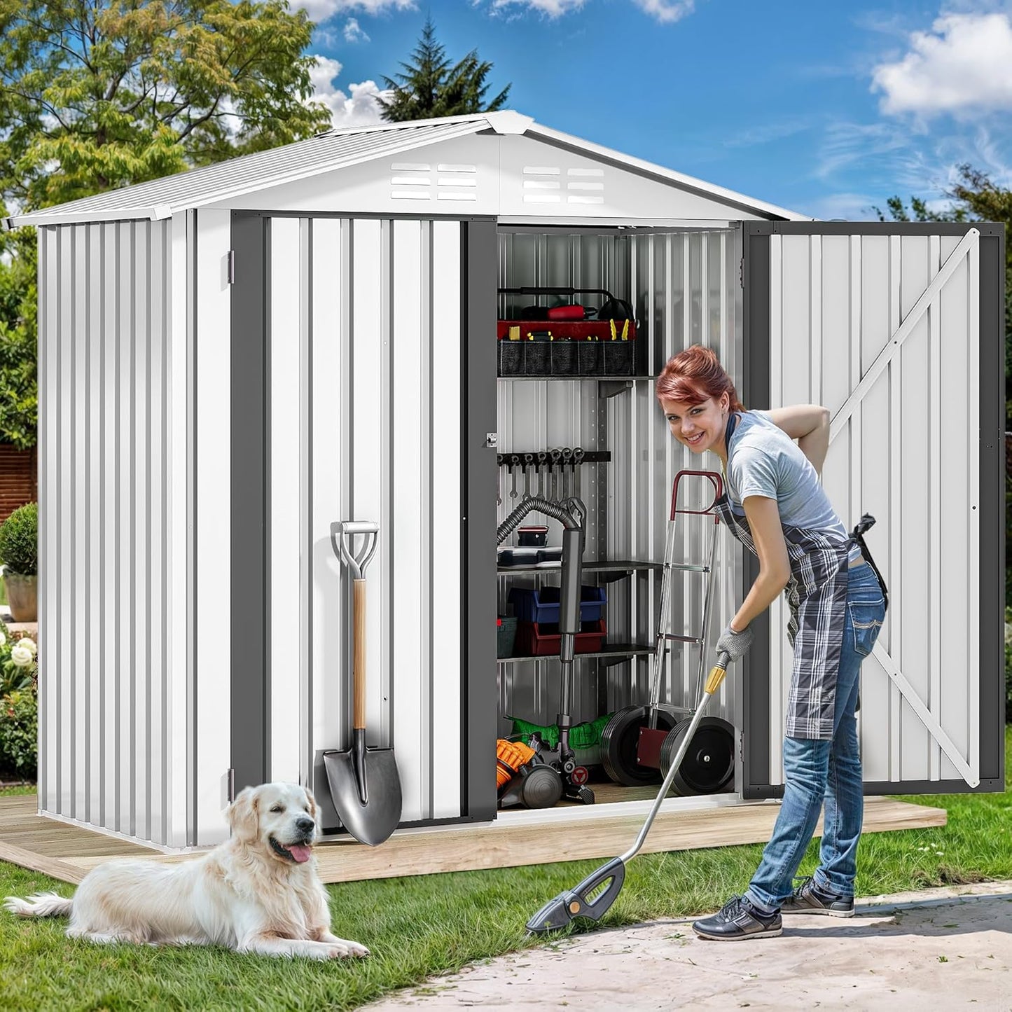 DWVO 6x4ft Storage Shed for Outdoors, Metal Sturdy Weatherproof Tool Locker with Secure Door and Ventilation for Equipment, Mowers, Bikes, Outdoor Spaces, White