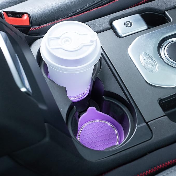 Amooca Car Cup Coaster Universal Non-Slip Cup Holders Bling Crystal Rhinestone Car Interior Accessories 4 Pack Purple