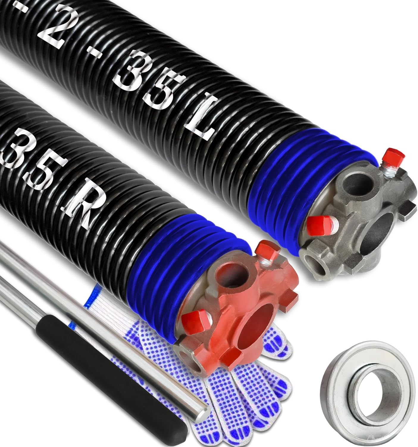 Garage Door Torsion Spring Set, Pair of 2" Electrophoresis Coated Garage Door Spring Replacement with 2 Non-Slip Winding Bars and Bearing, Minimum 16000 Cycles (.262x2x35")