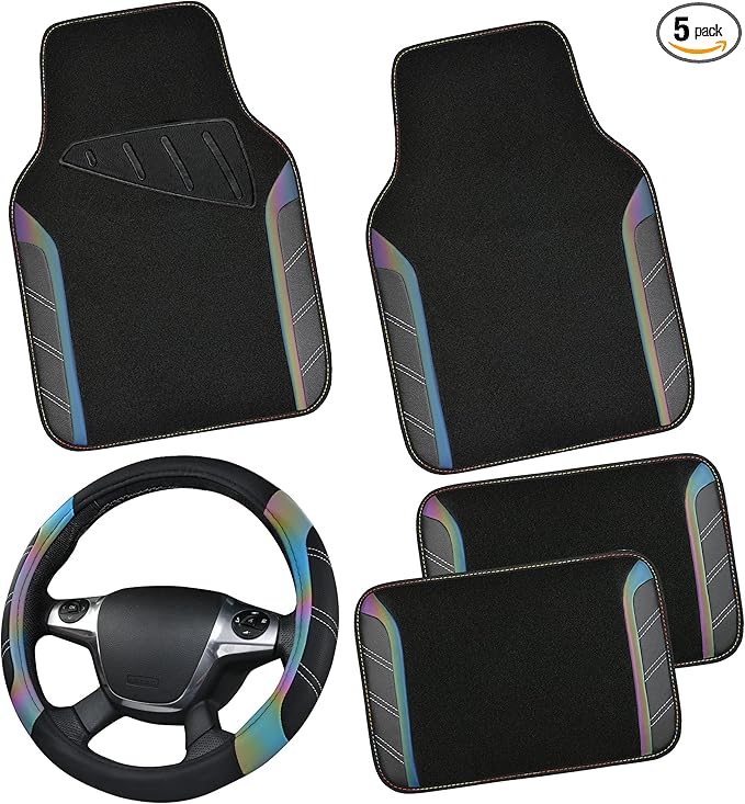 CAR PASS Leather Steering Wheel Cover and Waterproof Car Floor Mats,Microfiber Universal Car Combo Fit for 95% Sedan,SUV,Cars,14.5-15inch Sporty Anti-Slip Safety Comfortable Design(Black＆Reflective)