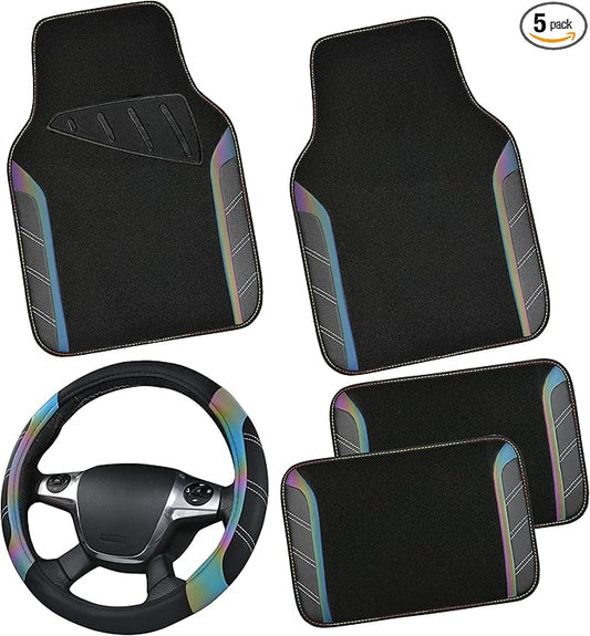 CAR PASS Leather Steering Wheel Cover and Waterproof Car Floor Mats,Microfiber Universal Car Combo Fit for 95% Sedan,SUV,Cars,14.5-15inch Sporty Anti-Slip Safety Comfortable Design(Black＆Reflective)