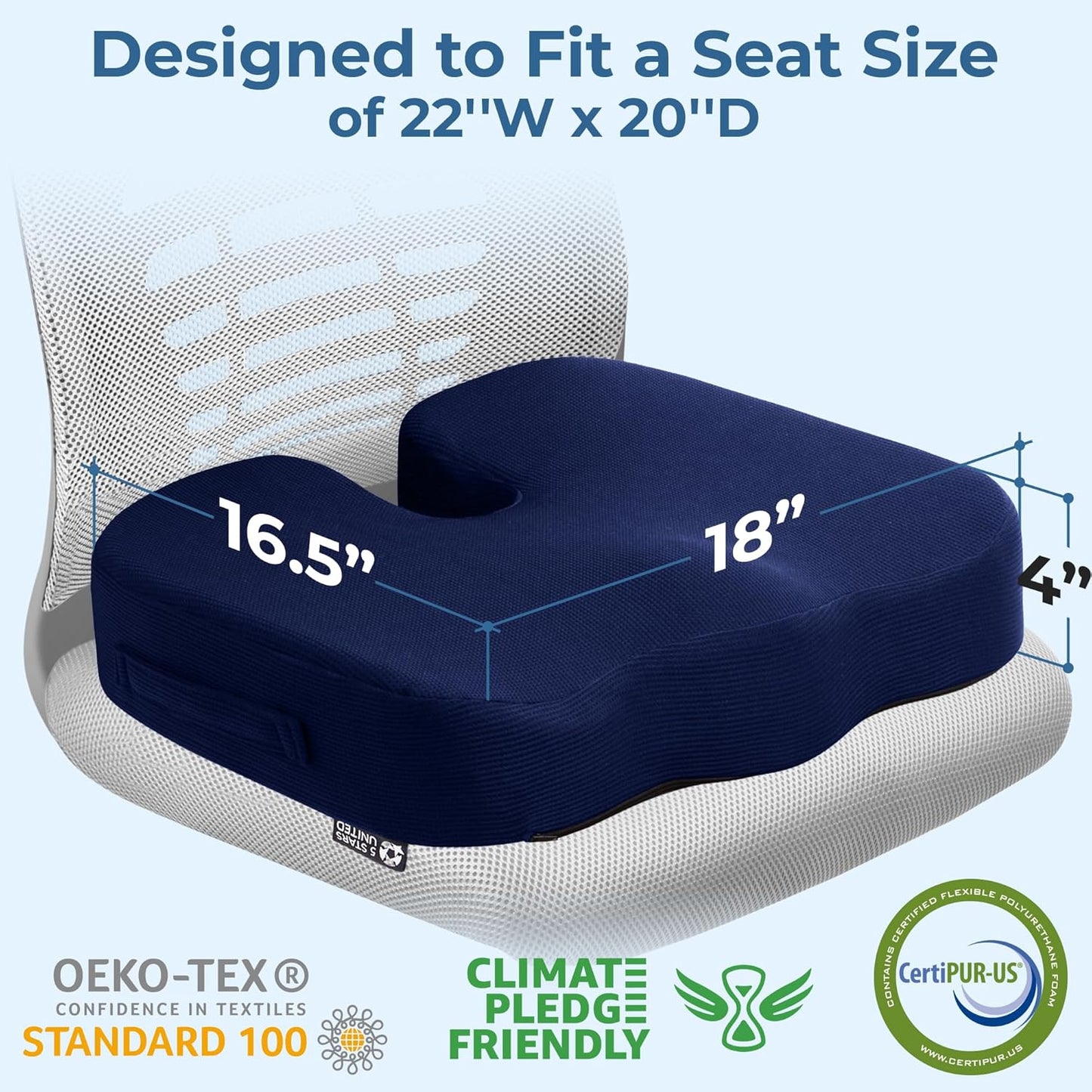 5 STARS UNITED Seat Cushion for Tailbone Pain Relief – Large Memory Foam Lifting Pillow for Coccyx, Hip, Sciatica & Post-Surgery Recovery – Wheelchair, Car, Desk, Gaming & Office Chairs, Blue