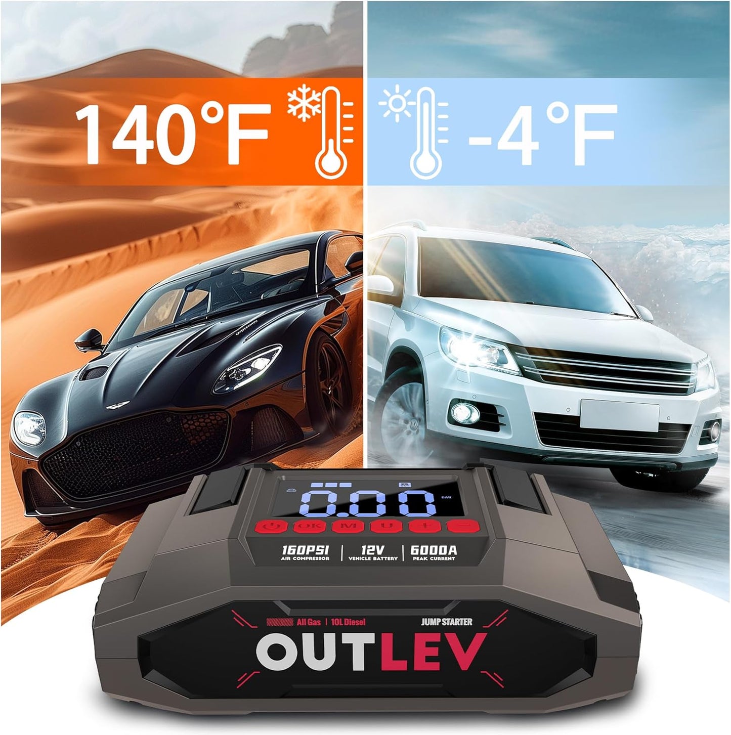 Jump Starter with Air Compressor (6000A 160PSI) - All-in-One Portable Jump Starter for Cars, Trucks, RV, Boat - Fast Charging, Safety Protection, Essential for Road Trips & Emergencies