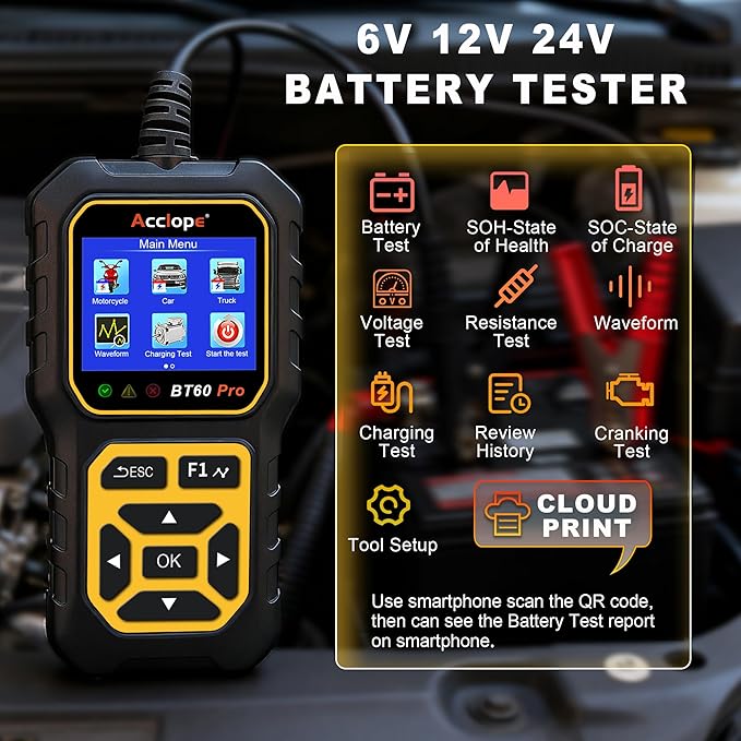 BT60 Pro Car Battery Tester, Digital Analyzer with Cloud Printing, 100-3000 CCA Range for 6V/12V/24V AGM, Lithium, Gel Batteries, Automotive Charging System