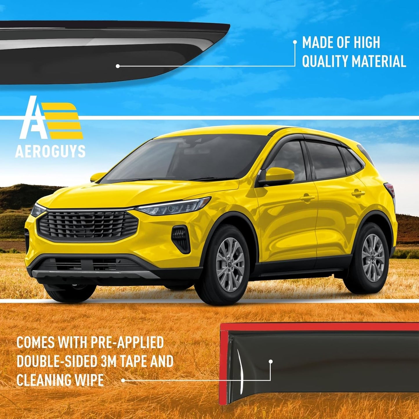 Extra Durable Window Deflectors Tape-On Window Visors Rain Guards Fit for Ford Escape 2020-2025, Sun Visors, Wind Vent for Shades, Exterior Car Accessories - 6pcs. AG0166
