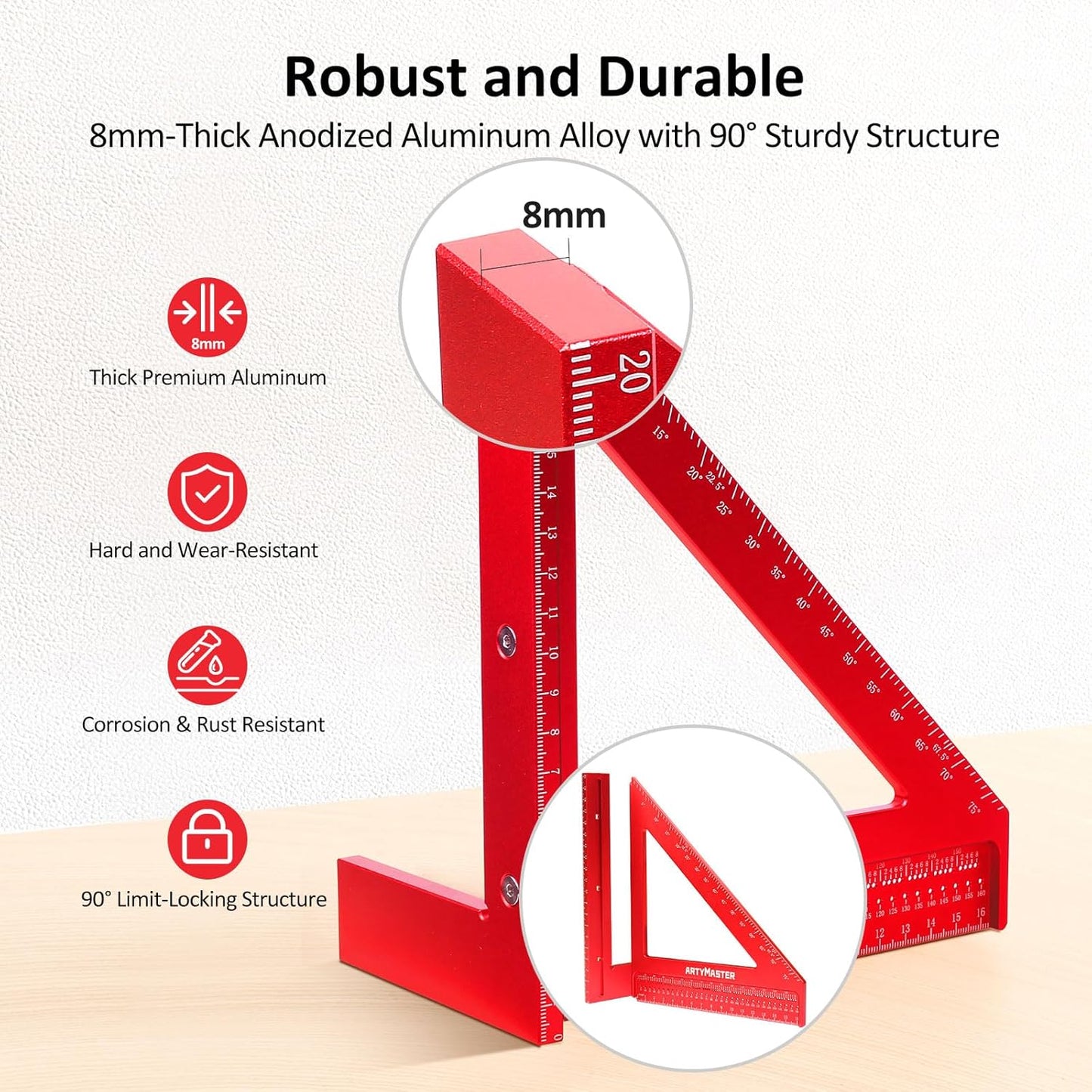 200mm 3D Multi-Angle Measuring Square Ruler, WT103D High Precision Hole Scribing Woodworking Tools, 0-90° Aluminum Alloy Carpenter Square Wood Working Tools, Carpenter Pencils 6 Refills.