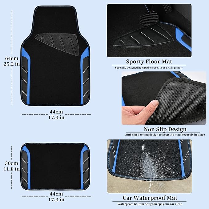 CAR PASS Leather Steering Wheel Cover and Waterproof Car Floor Mats,Microfiber Universal Car Combo Fit for 95% Sedan,SUV,Cars,14.5-15inch Sporty Anti-Slip Safety Comfortable Design(Black＆Blue)