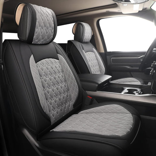 JOJOBAY Car Seat Covers for Dodge Ram 2 Pcs Front,Fit Ram 2009-2025 1500/2500/3500 Pick-up Truck,Crew,Regular,Quad,Mega Cab,Waterproof Leather Seat Covers Protectors（2 PCS Front,Black-Grey）