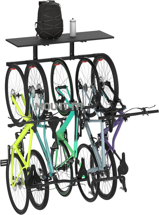 Mount-It! WheelsUp Bike Storage Rack with Shelf | Wall Mounted Garage Organizer Holds 5 Bikes | Adjustable Padded Hooks, Max Capacity 385 lbs | Space-Saving Solution